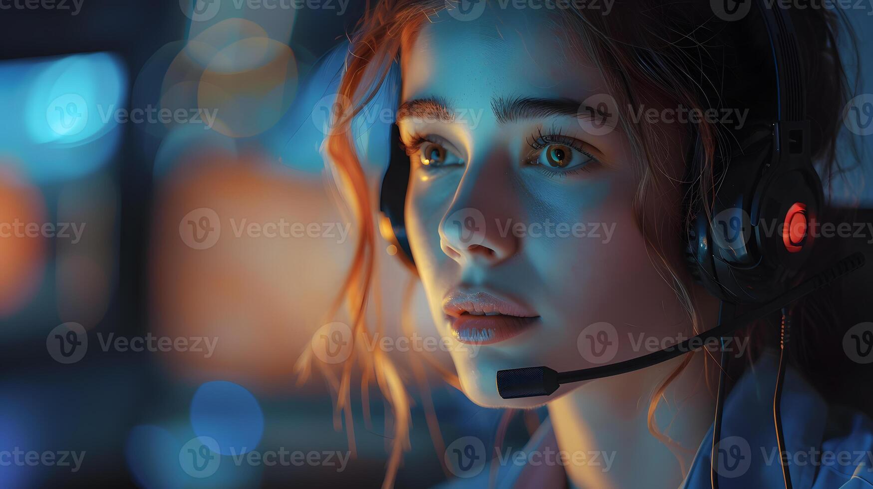 AI generated Portrait of a young woman call center operator. AI Generated photo