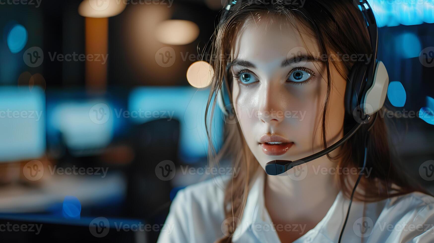 AI generated Portrait of a young woman call center operator. AI Generated photo
