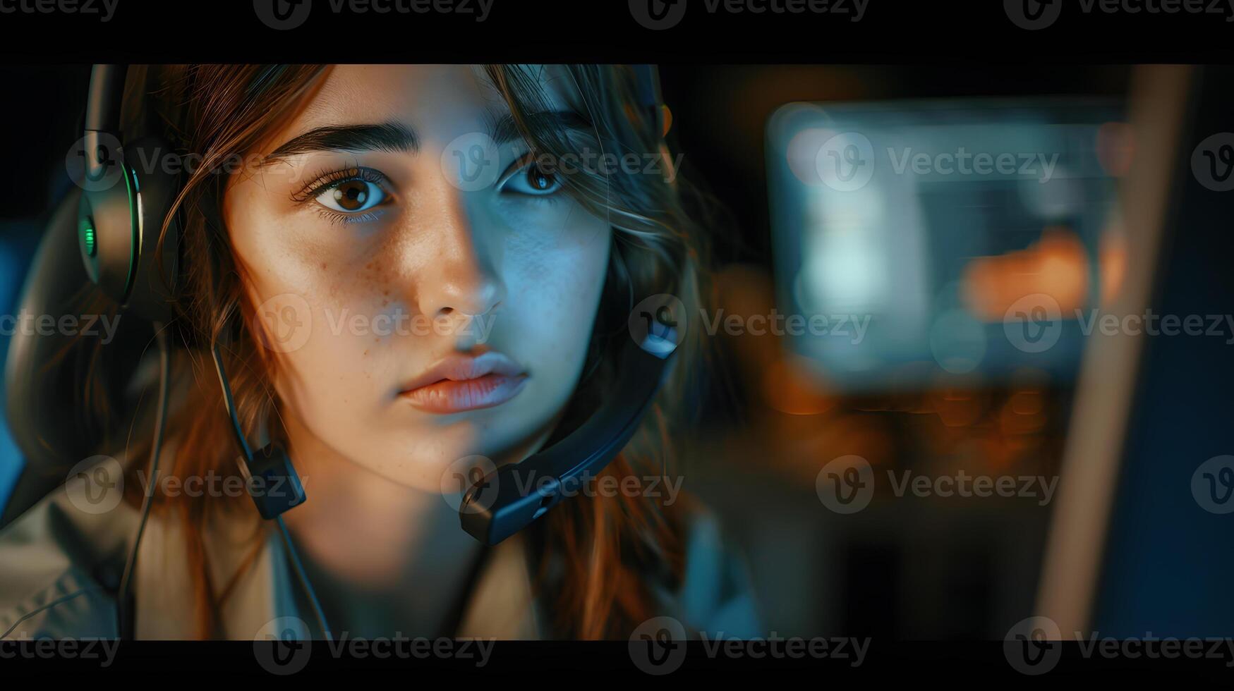 AI generated Portrait of a young woman call center operator. AI Generated photo