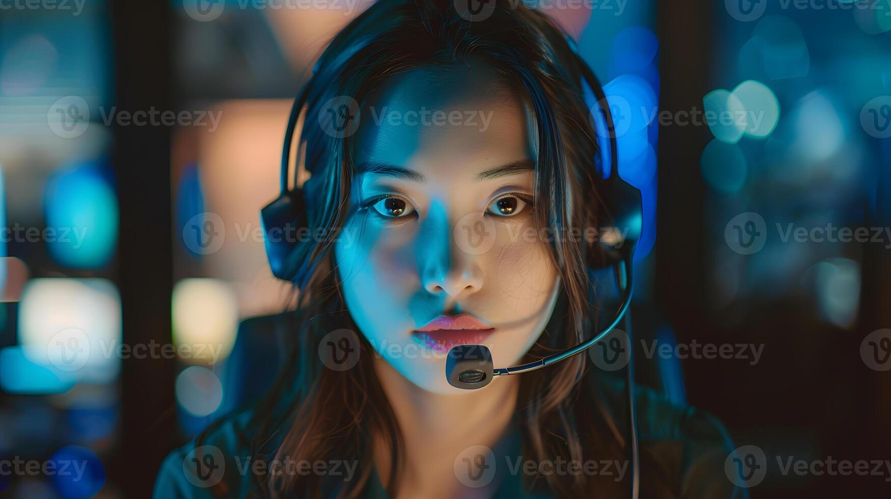 AI generated Portrait of a young woman call center operator. AI Generated photo