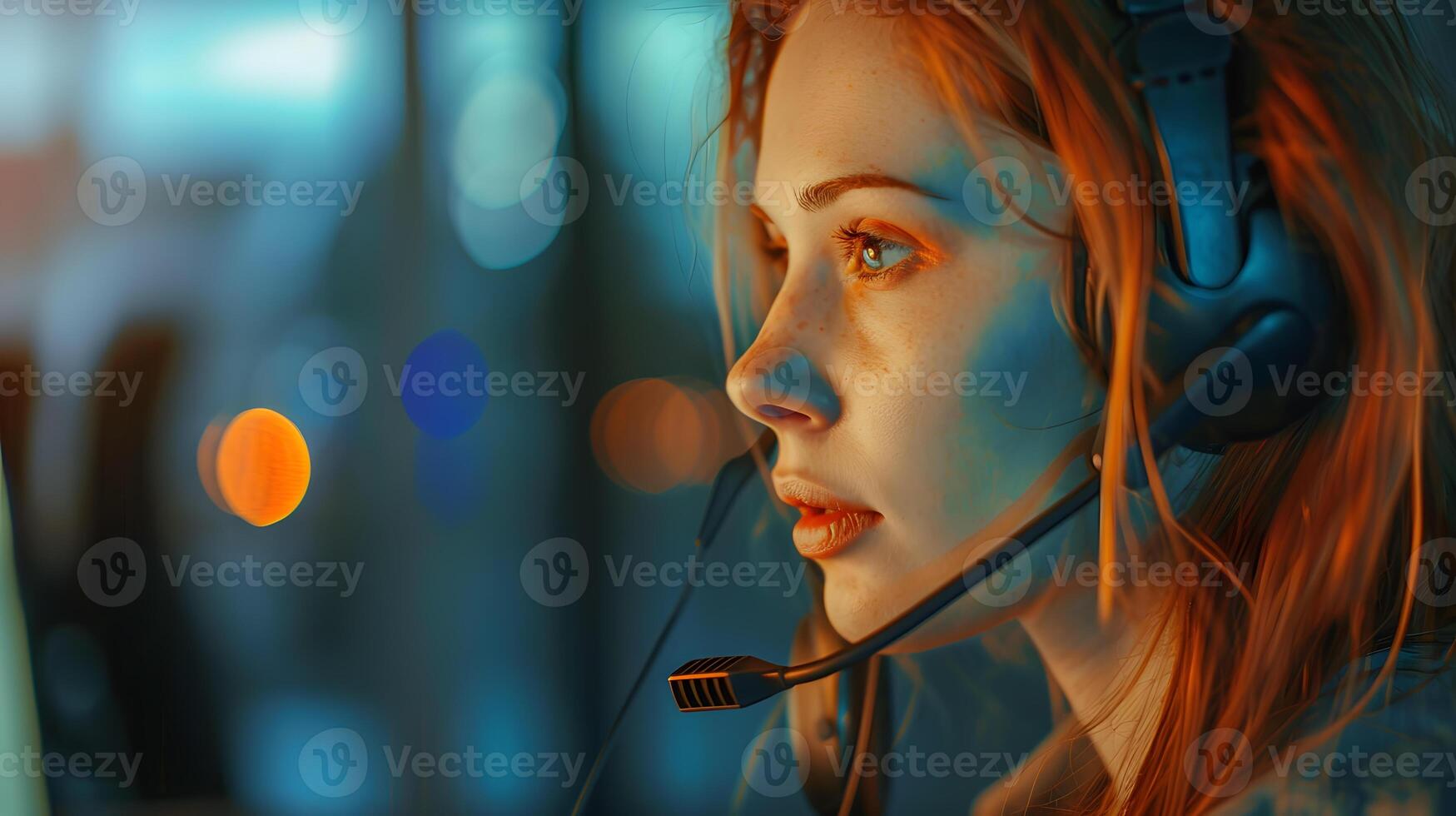 AI generated Portrait of a young woman call center operator. AI Generated photo