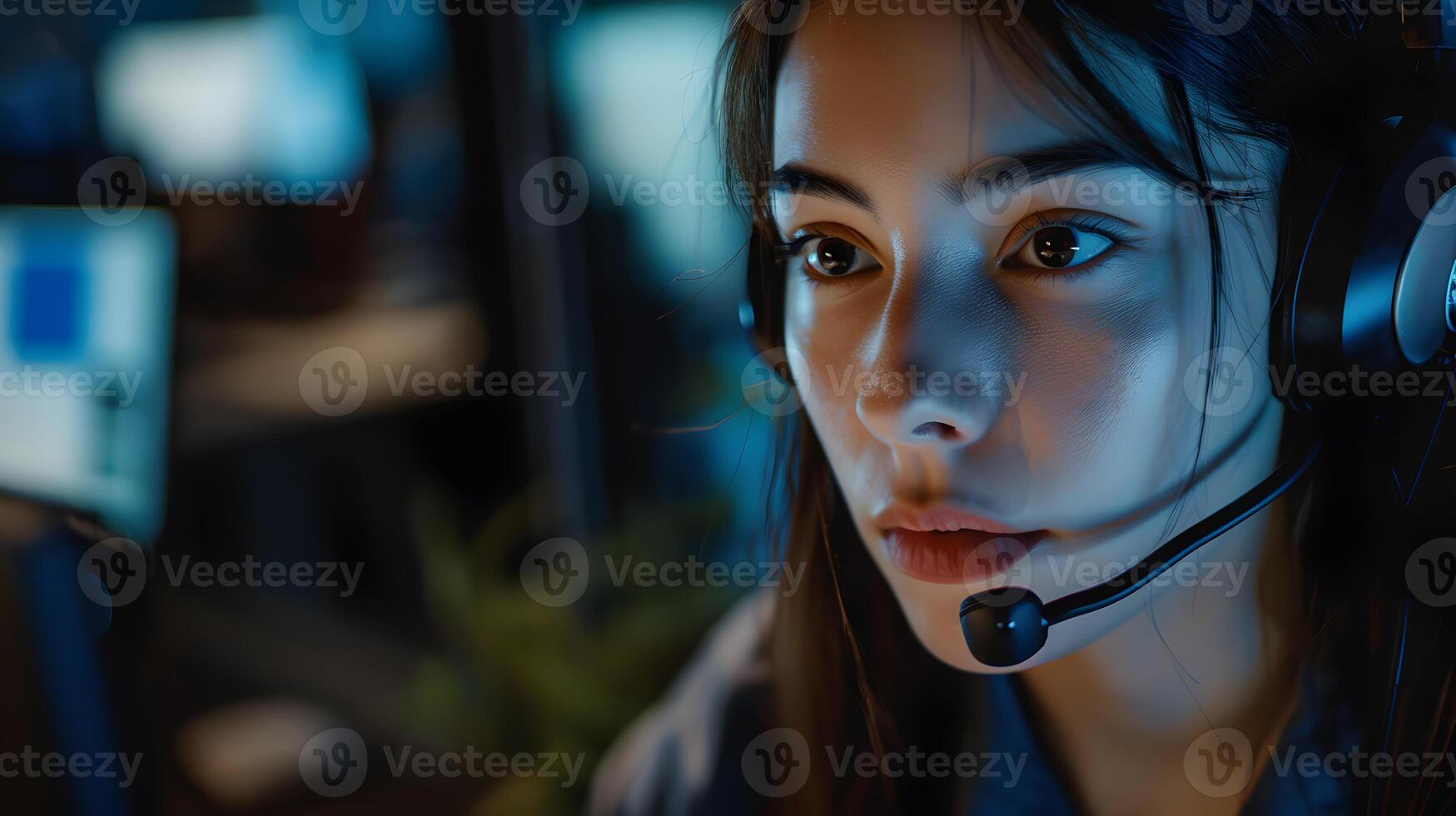 AI generated Portrait of a young woman call center operator. AI Generated photo