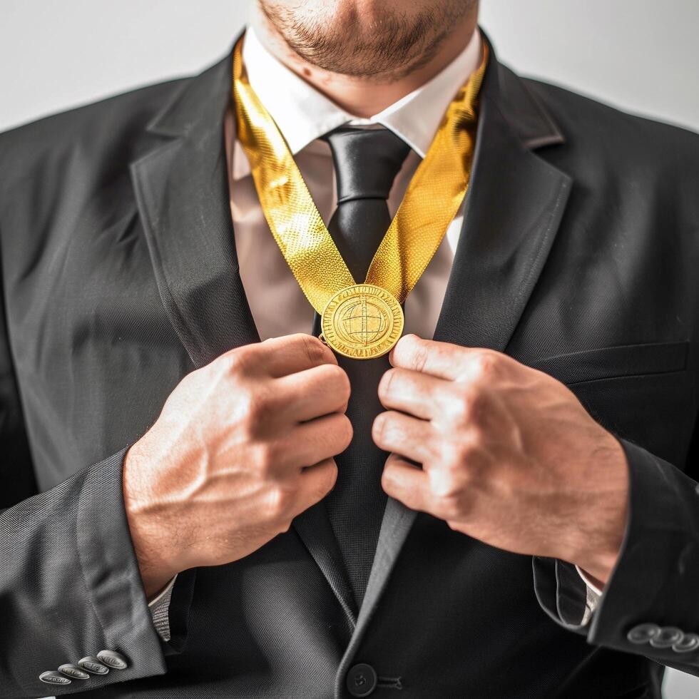 AI generated businessman holding a gold medal in black suit. photo