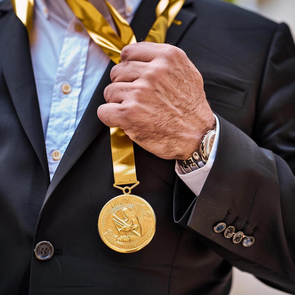 AI generated businessman holding a gold medal in black suit. photo