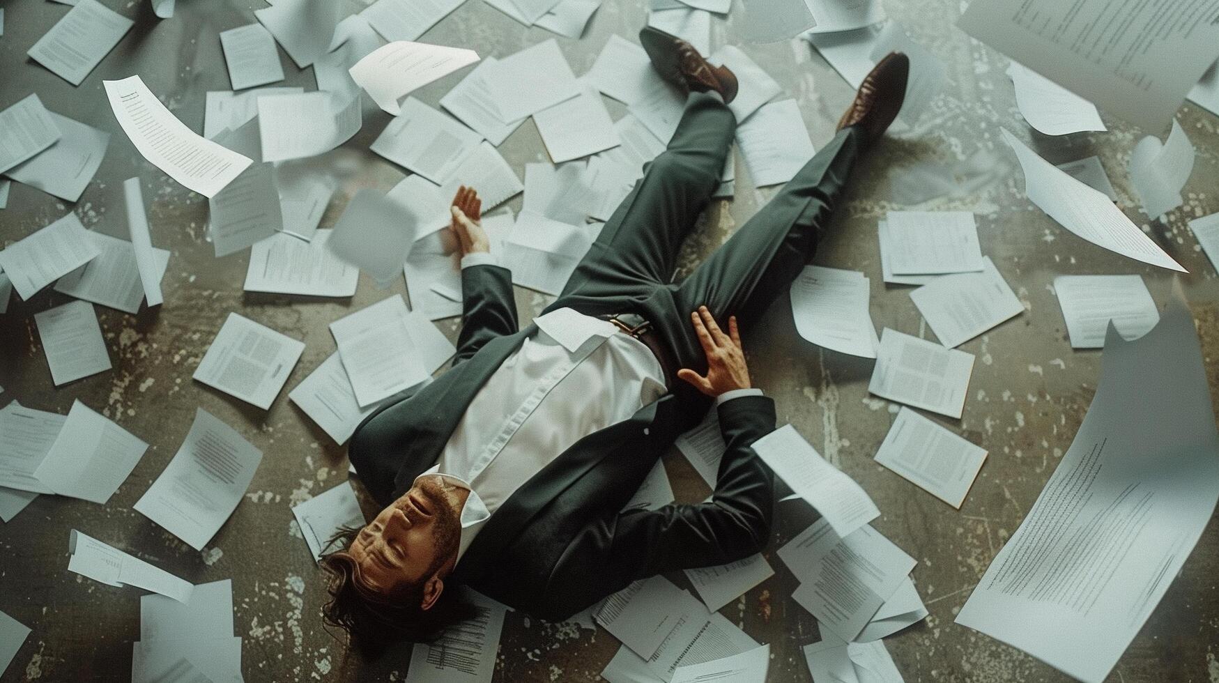 ai generado ai generado agotado empresario acostado abajo en el suelo con enorme de volador documentos y papel. foto