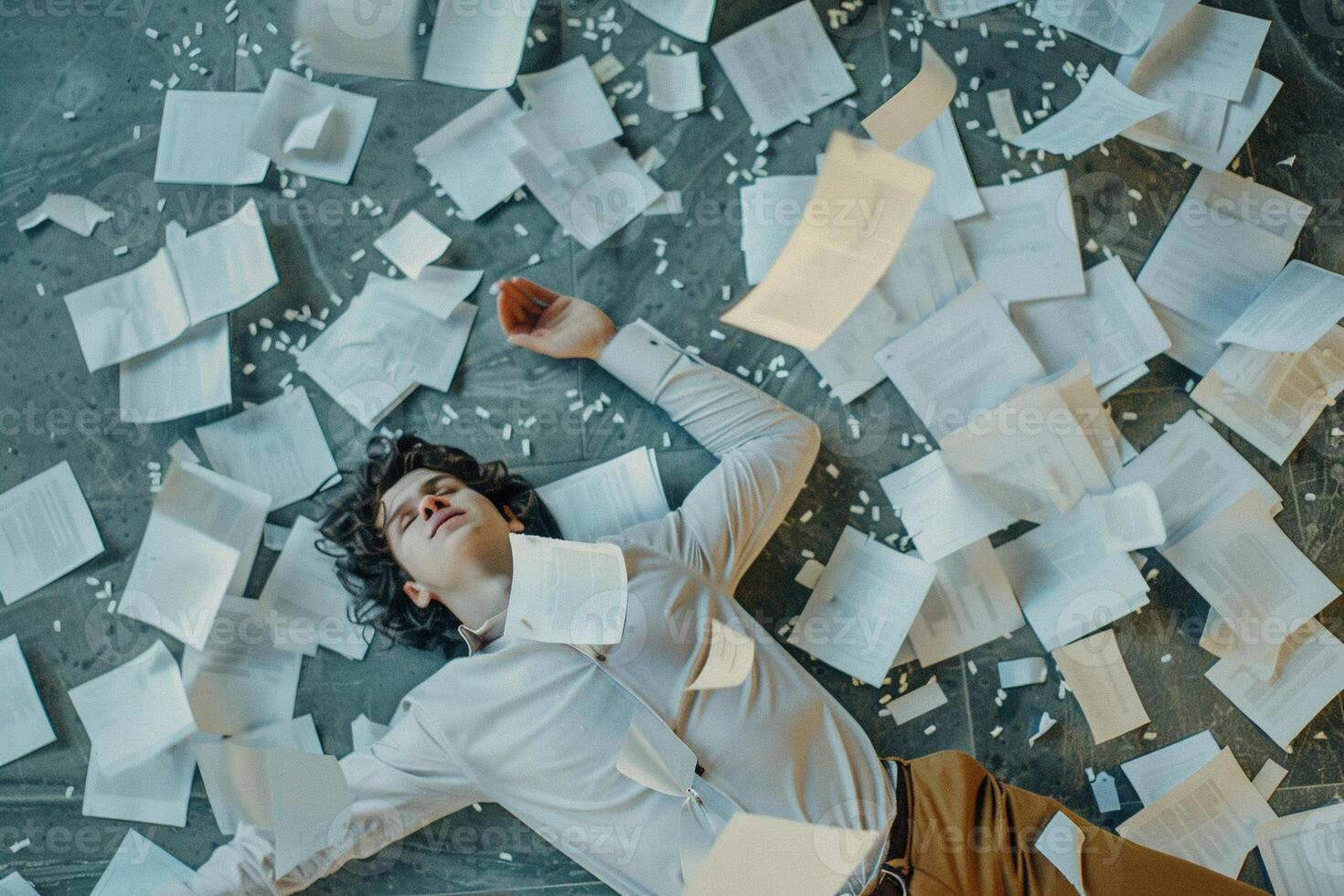 AI generated AI Generated exhausted businessman lying down on the ground with huge of flying documents and paper. photo