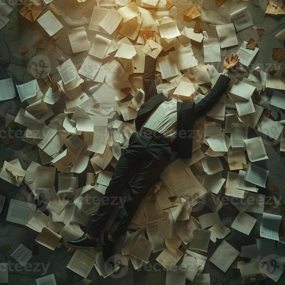 AI generated AI Generated exhausted businessman lying down on the ground with huge of flying documents and paper. photo