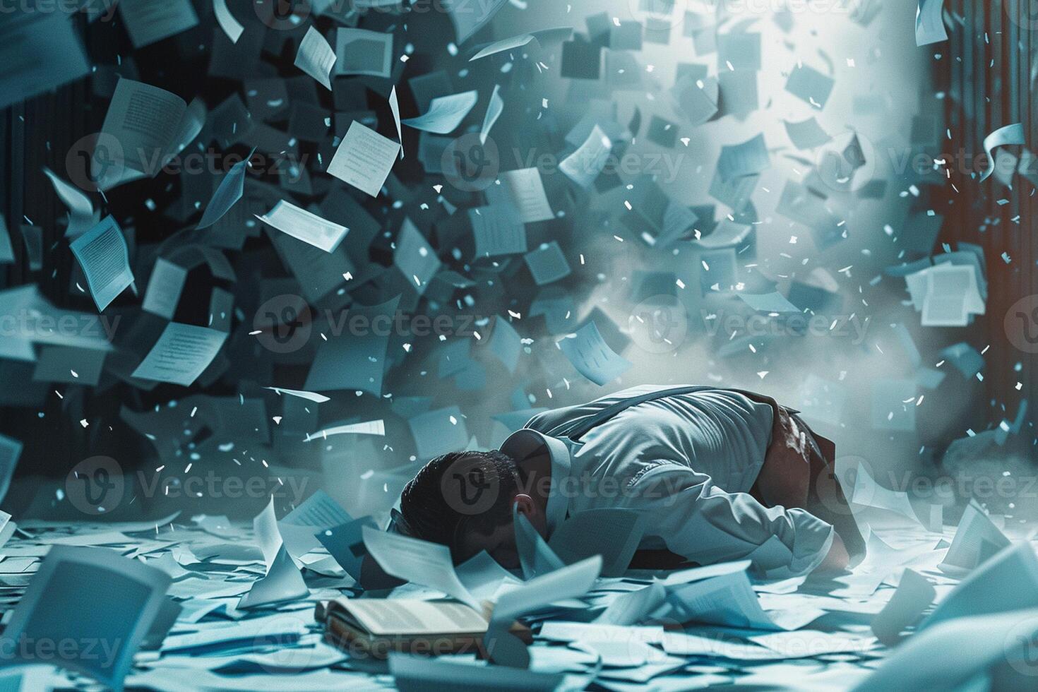 AI generated AI Generated exhausted businessman lying down on the ground with huge of flying documents and paper. photo