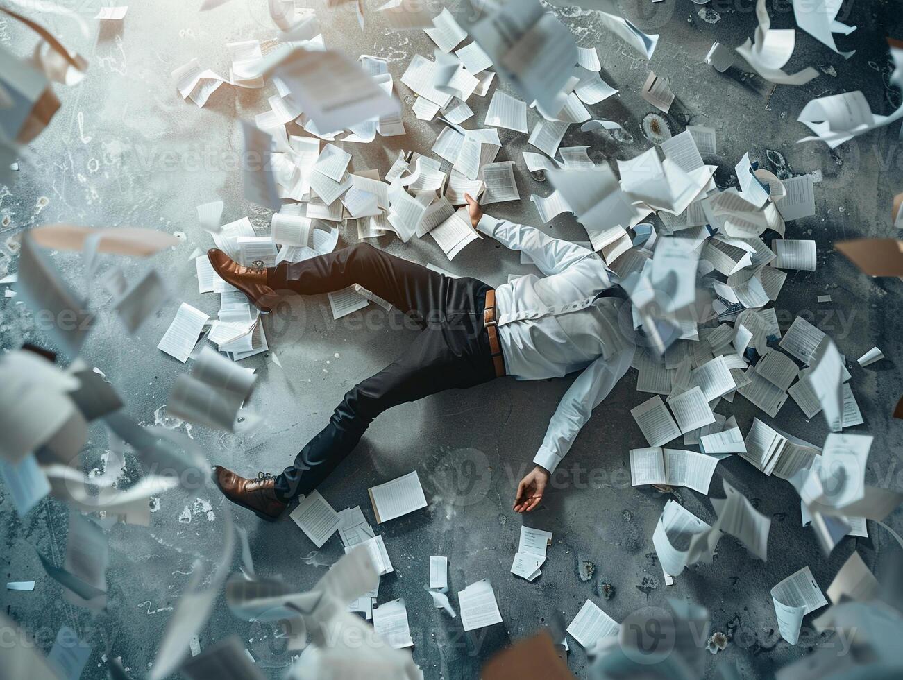 AI generated AI Generated exhausted businessman lying down on the ground with huge of flying documents and paper. photo