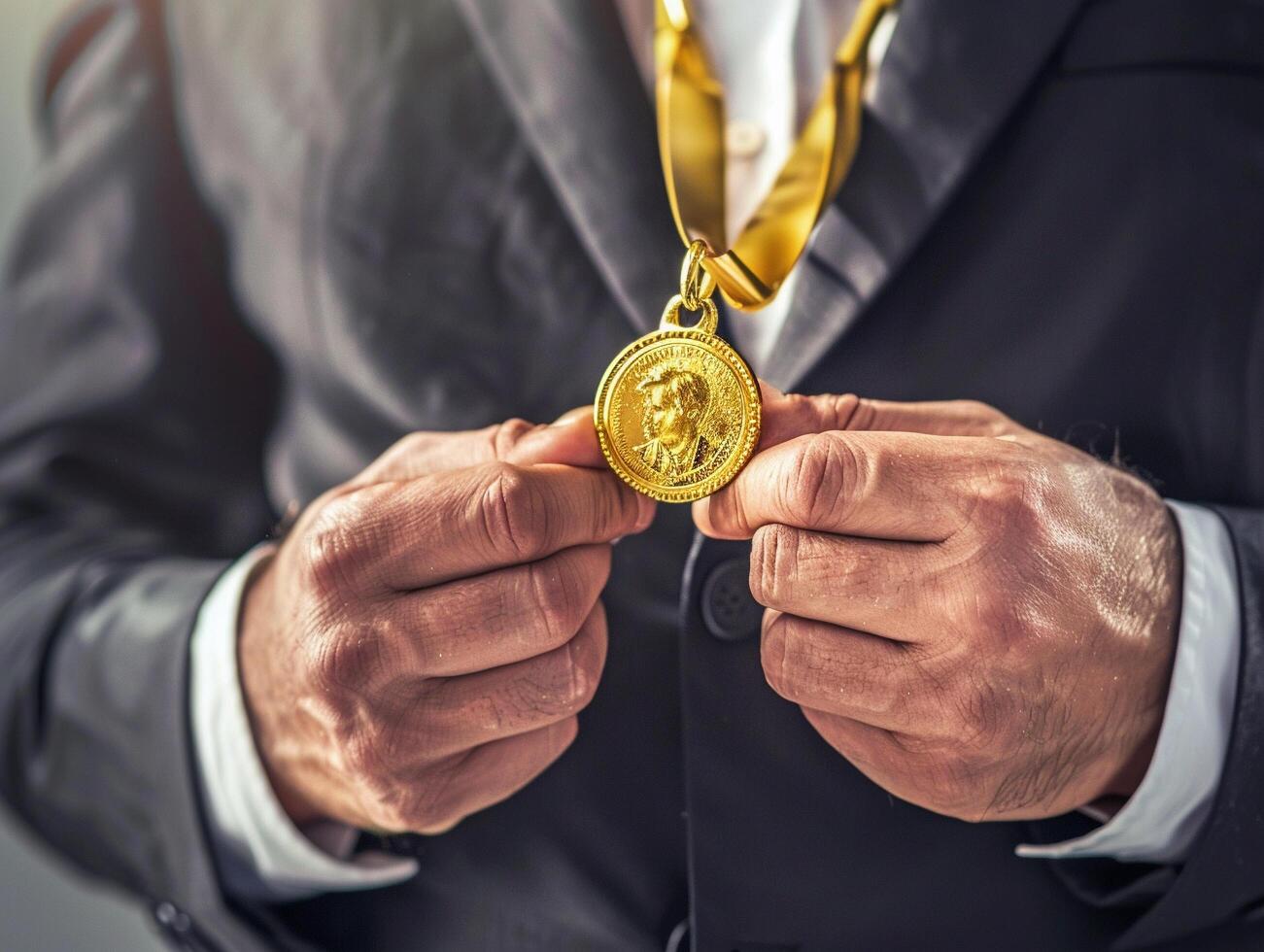 AI generated businessman holding a gold medal in black suit. photo