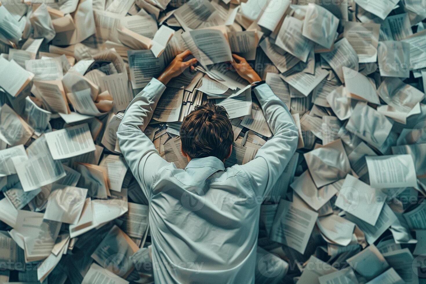 AI generated AI Generated exhausted businessman lying down on the ground with huge of flying documents and paper. photo