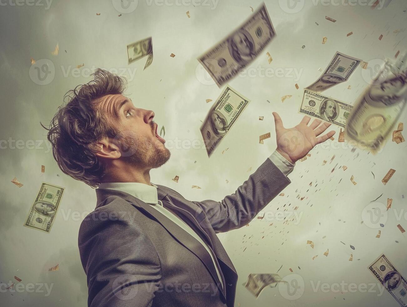 AI generated AI Generated businessman catching flying dollar banknotes. photo