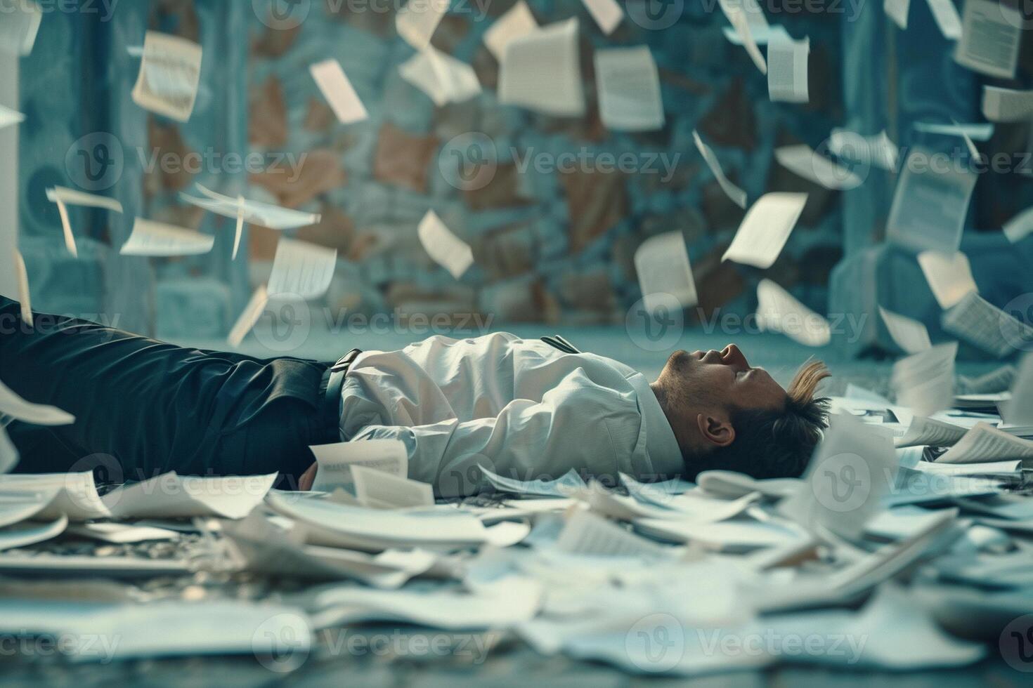 AI generated AI Generated exhausted businessman lying down on the ground with huge of flying documents and paper. photo
