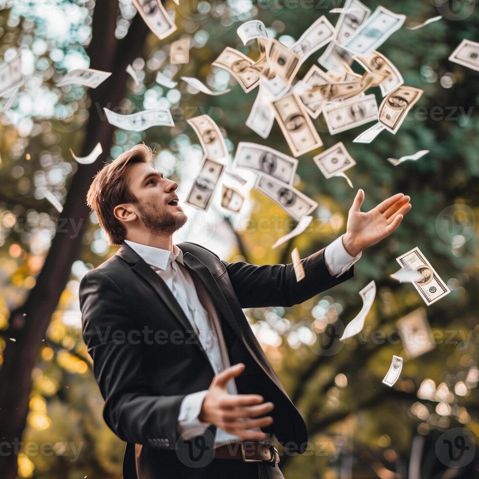 AI generated AI Generated businessman catching flying dollar banknotes. photo