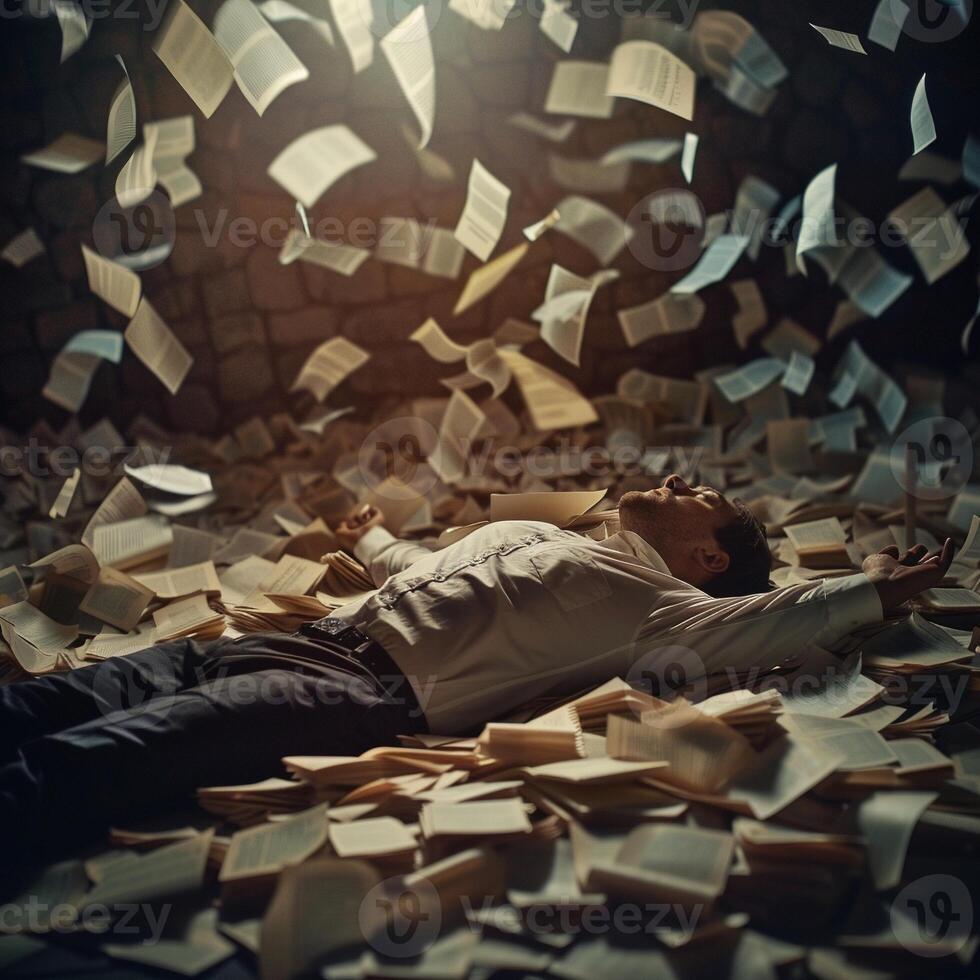 AI generated AI Generated exhausted businessman lying down on the ground with huge of flying documents and paper. photo