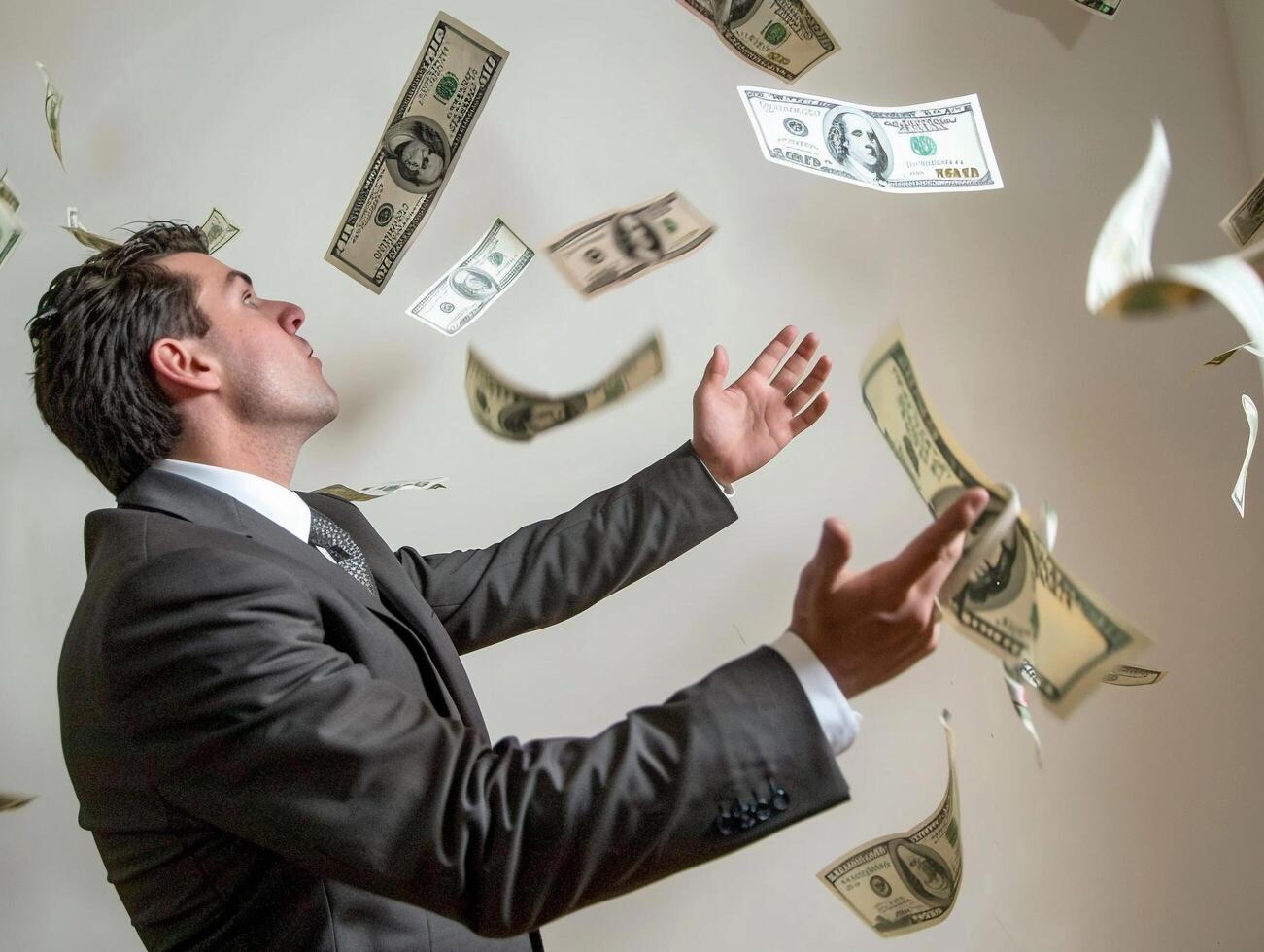 AI generated AI Generated businessman catching flying dollar banknotes. photo