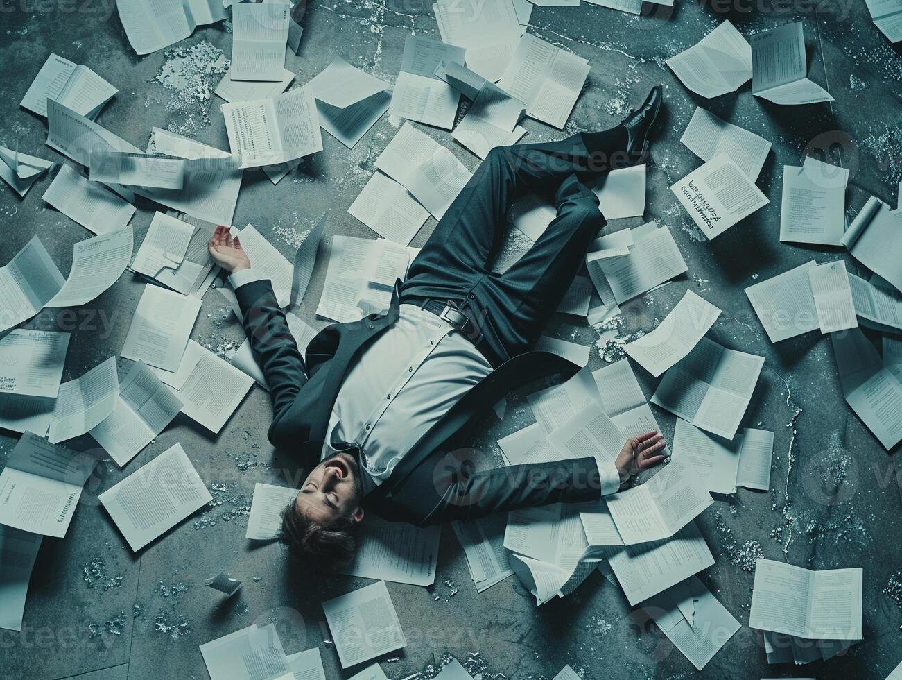 AI generated AI Generated exhausted businessman lying down on the ground with huge of flying documents and paper. photo