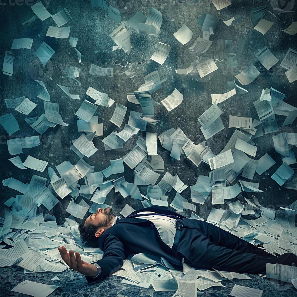 AI generated AI Generated exhausted businessman lying down on the ground with huge of flying documents and paper. photo