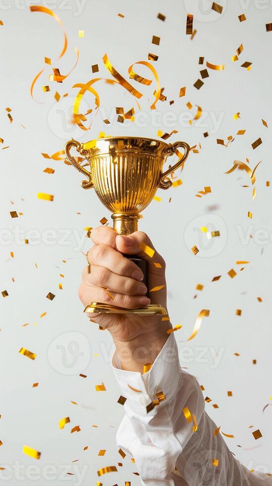 AI generated hands of business woman holding and lift a golden trophy, surrounding with congratulations confetti ribbon flakes. photo