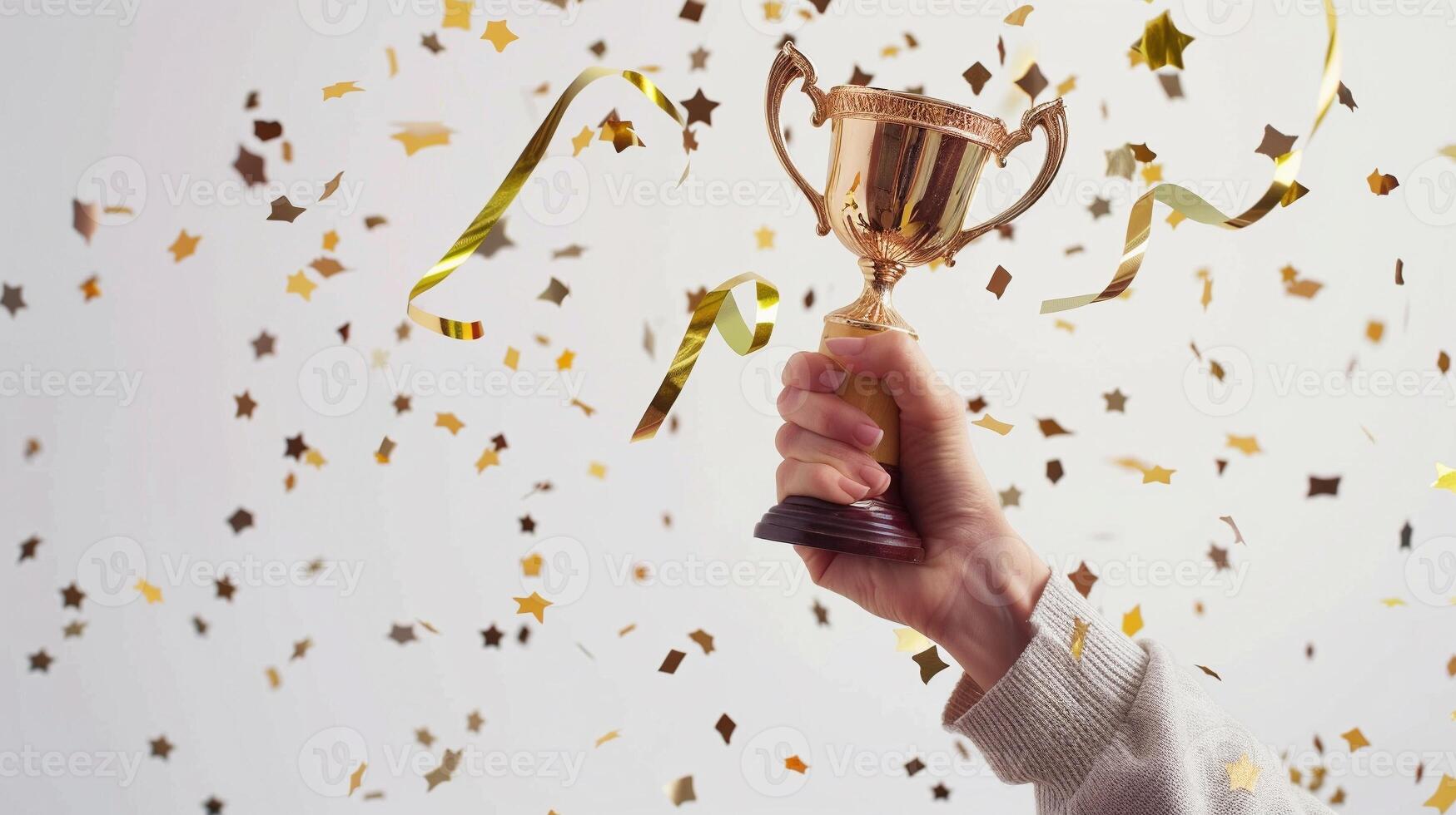 AI generated hands of business woman holding and lift a golden trophy, surrounding with congratulations confetti ribbon flakes. photo