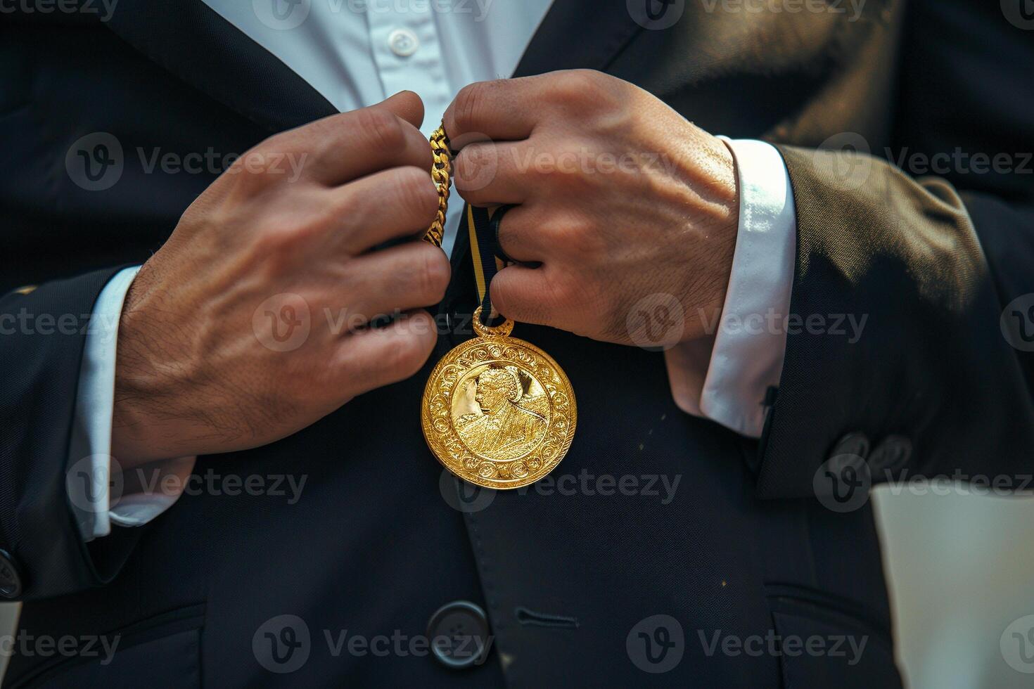 ai generado empresario participación un oro medalla en negro traje. foto