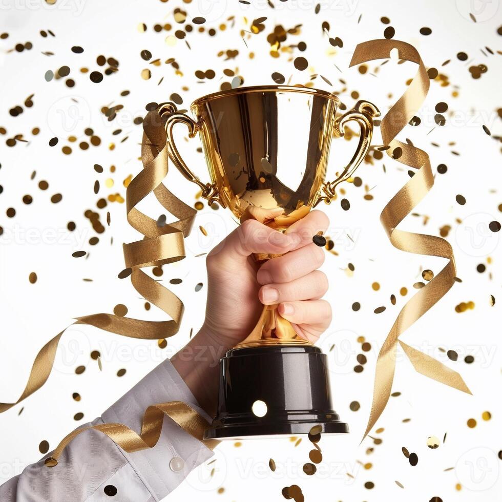 ai generado manos de negocio mujer participación y levantar un dorado trofeo, rodeando con Felicidades papel picado cinta copos foto