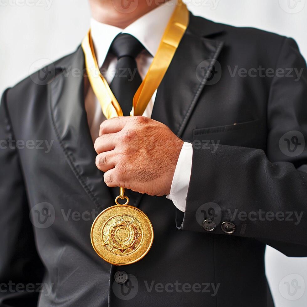 AI generated businessman holding a gold medal in black suit. photo