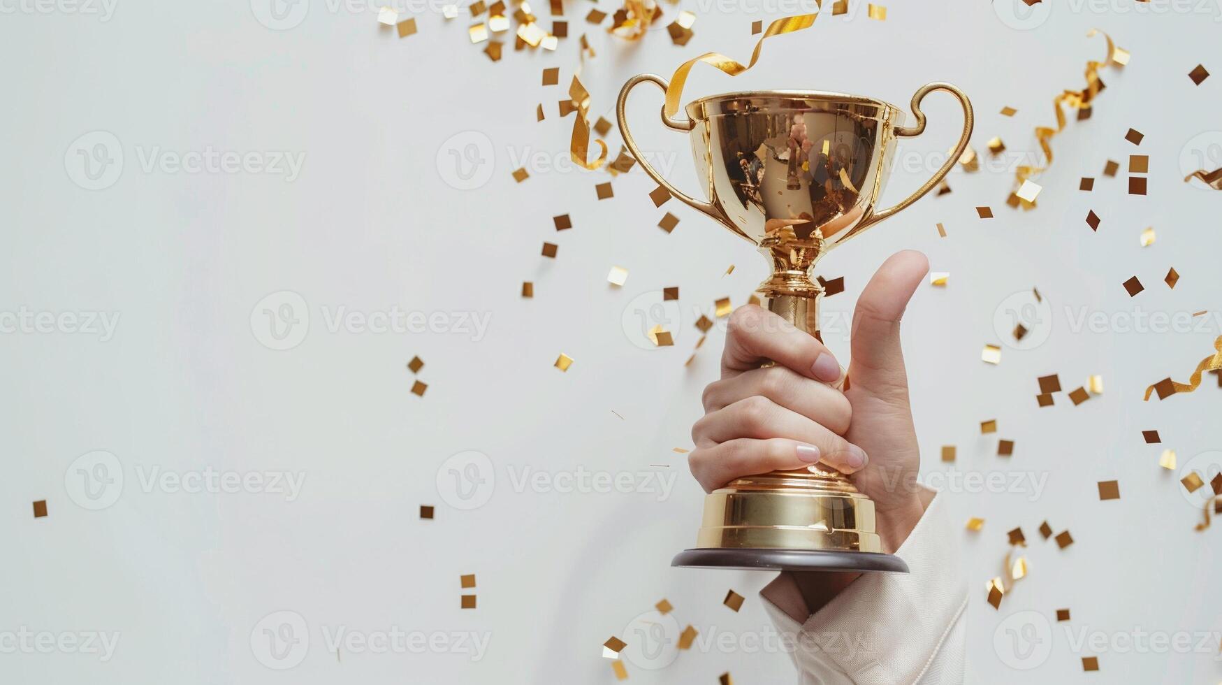 ai generado manos de negocio mujer participación y levantar un dorado trofeo, rodeando con Felicidades papel picado cinta copos foto