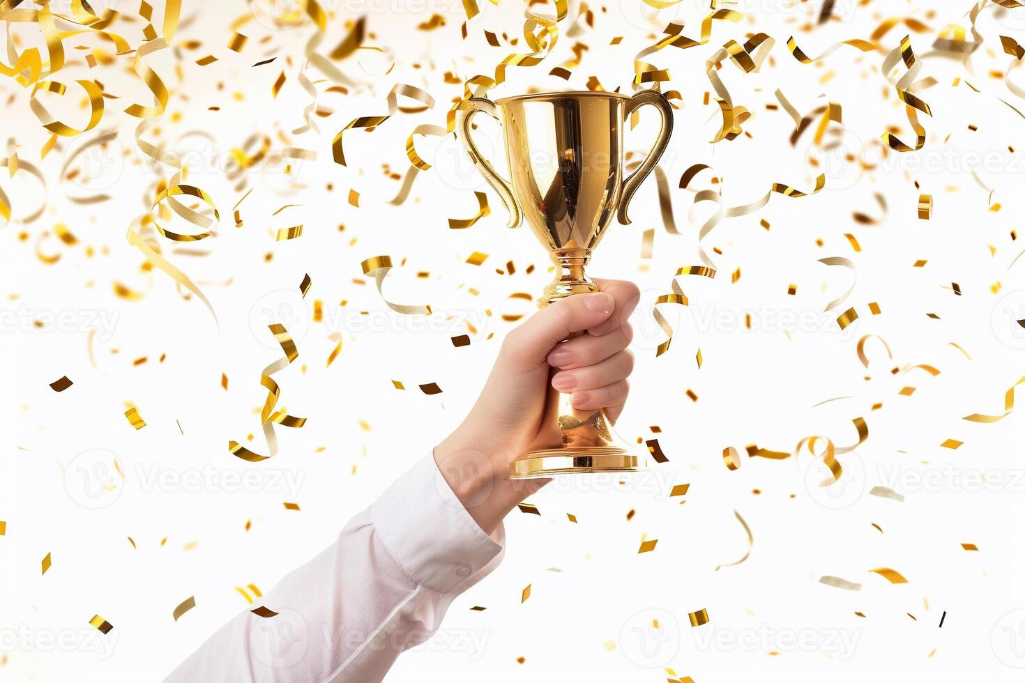 ai generado manos de negocio mujer participación y levantar un dorado trofeo, rodeando con Felicidades papel picado cinta copos foto