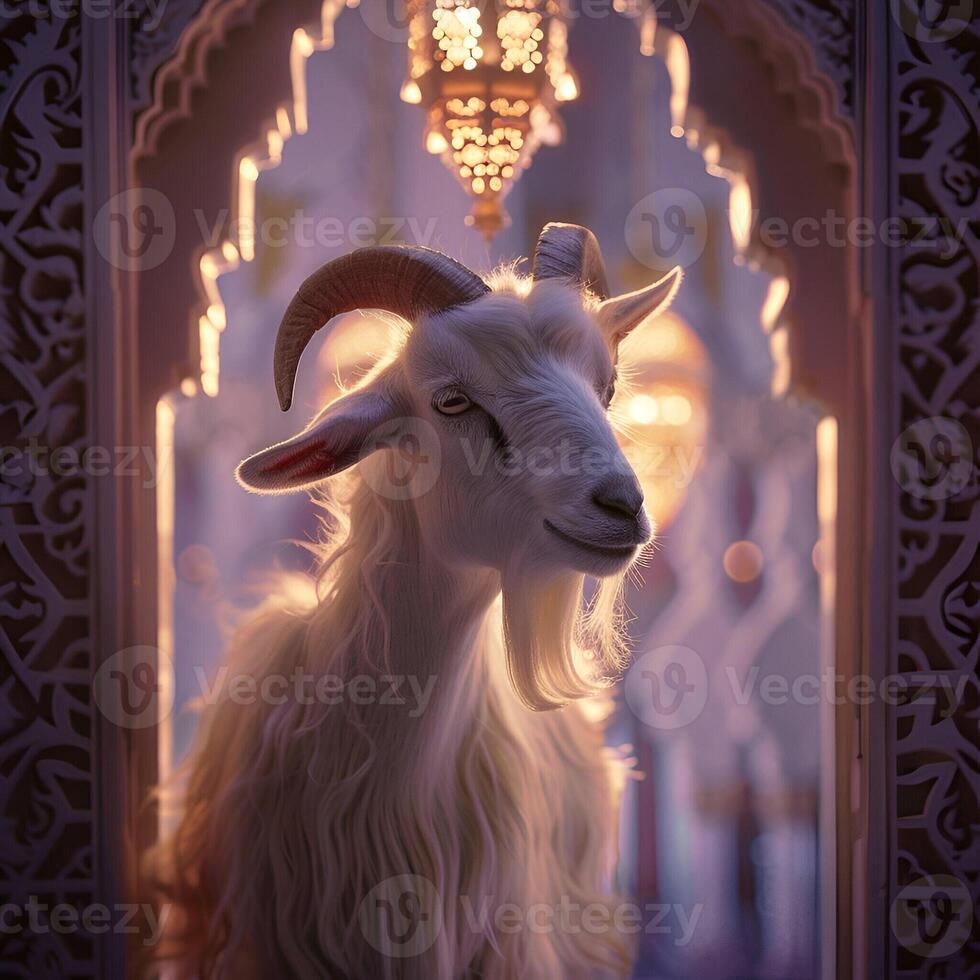 AI generated Beautiful eid al adha goat or lamb with Islamic background for design colorful eid al adha post photo