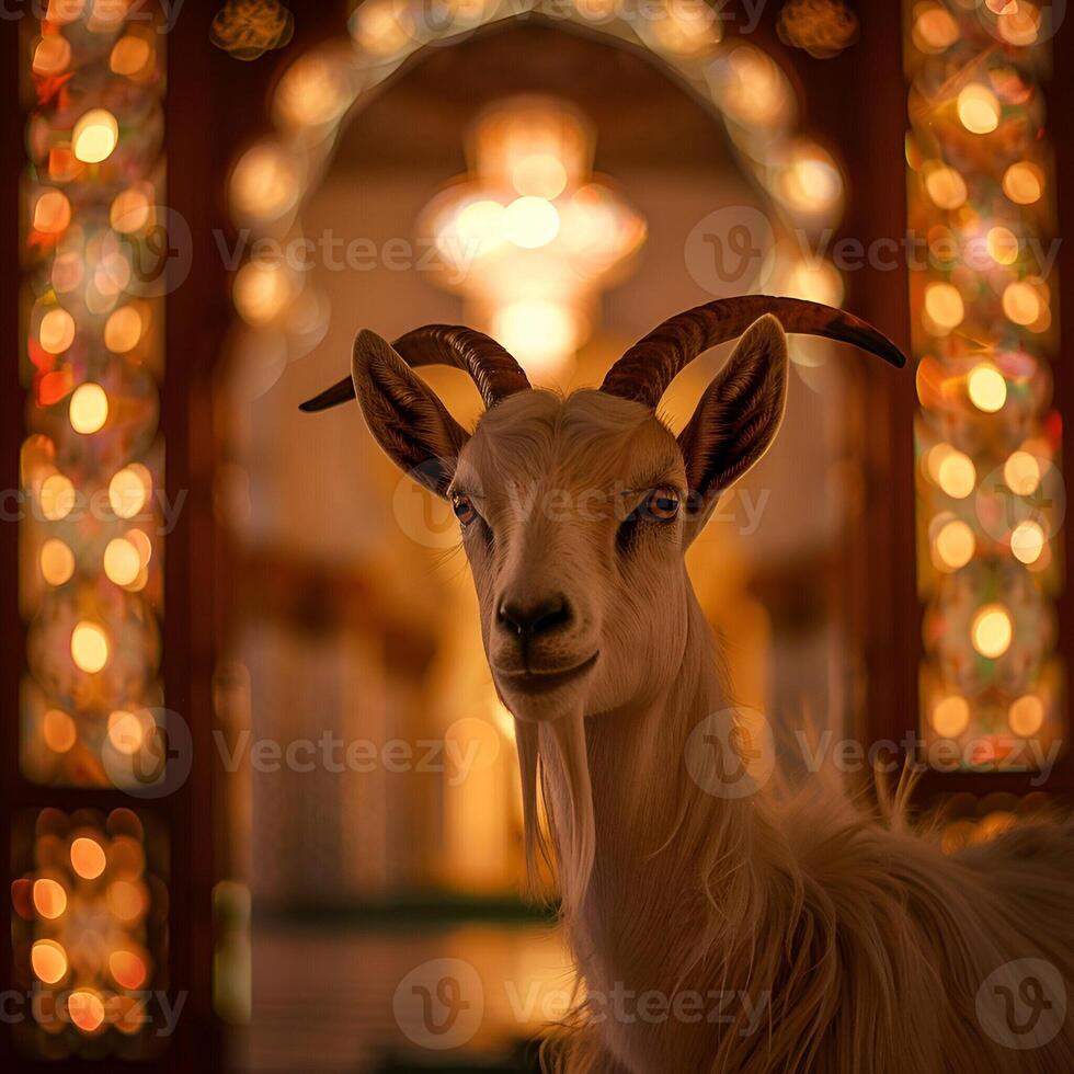 AI generated Sacred Sacrifice Eid Al Adha Mubarak Background with goat and Islamic background photo