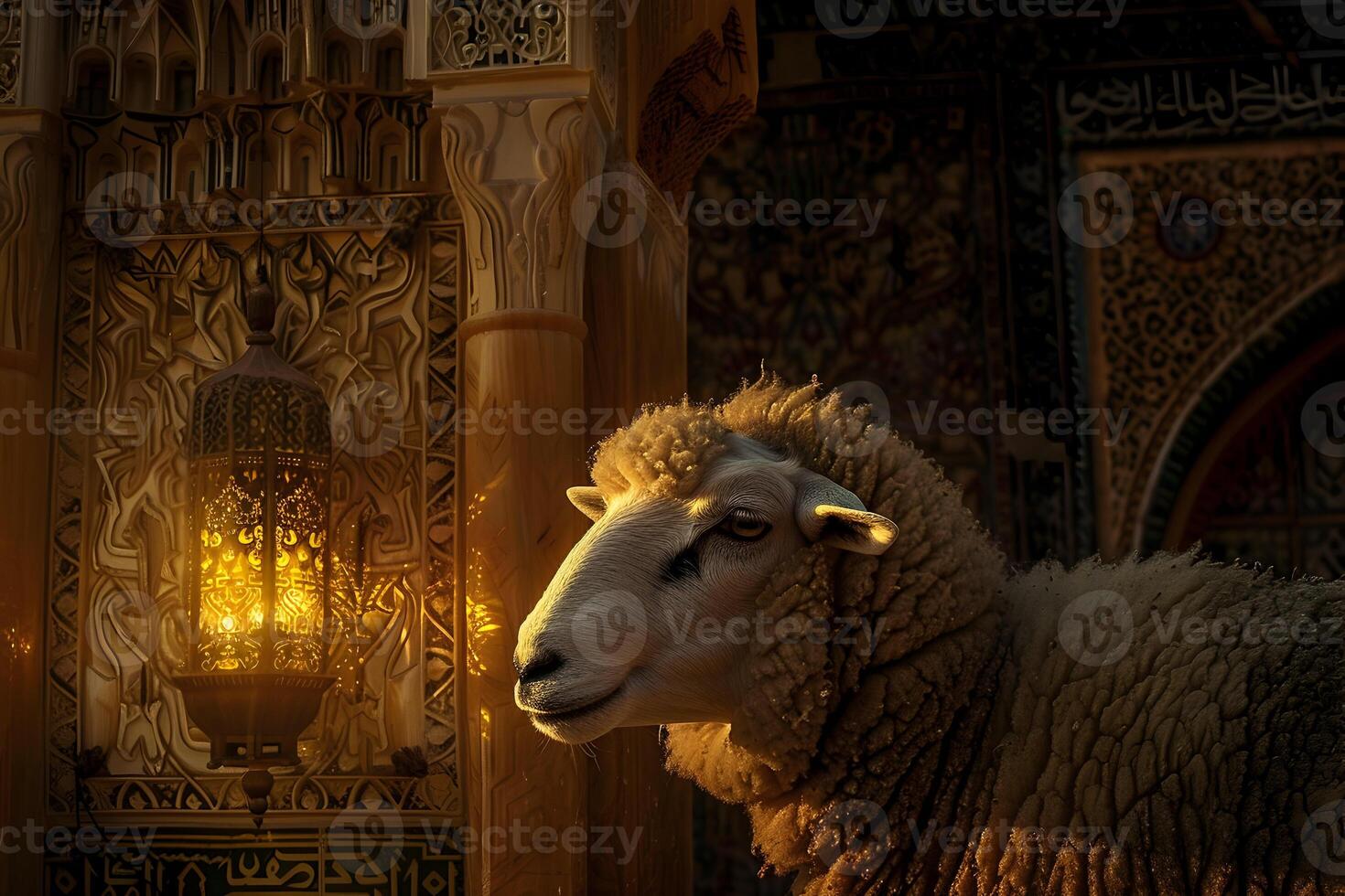 ai generado eid Alabama adha Mubarak ovejas con islámico linterna en antecedentes eid Alabama adha saludo tarjeta foto