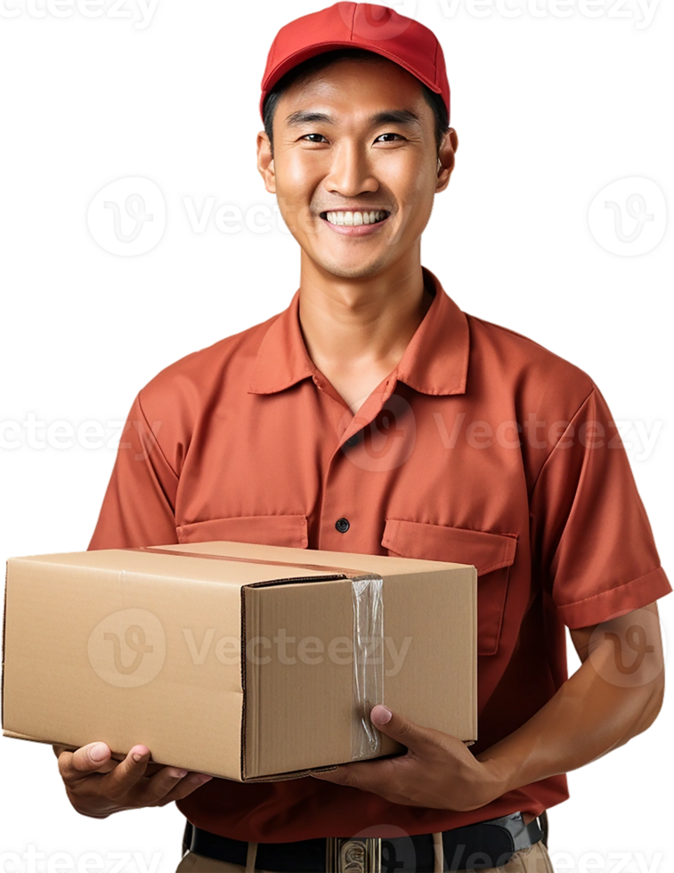 AI generated happy asian delivery man carry box png