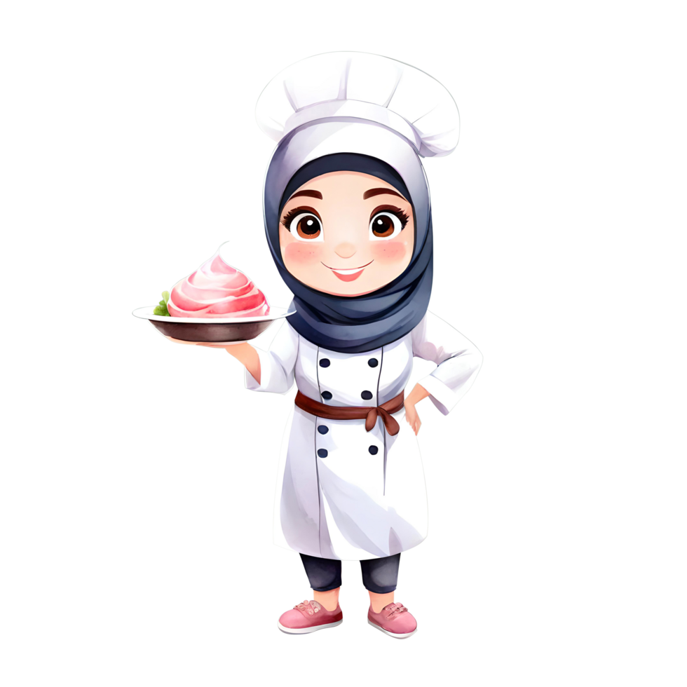 ai generiert Muslim Bäcker Freude von ein Hijab Koch Mädchen die Geschenke ihr Süss Schaffung isoliert transparent Illustration png