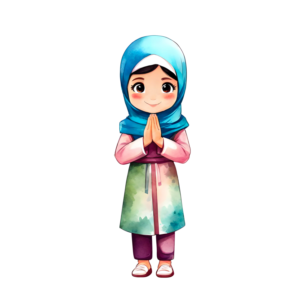 ai gerado fofa adorável chibi hijab menina dentro islâmico vestuário com cumprimento pose isolado transparente ilustração png