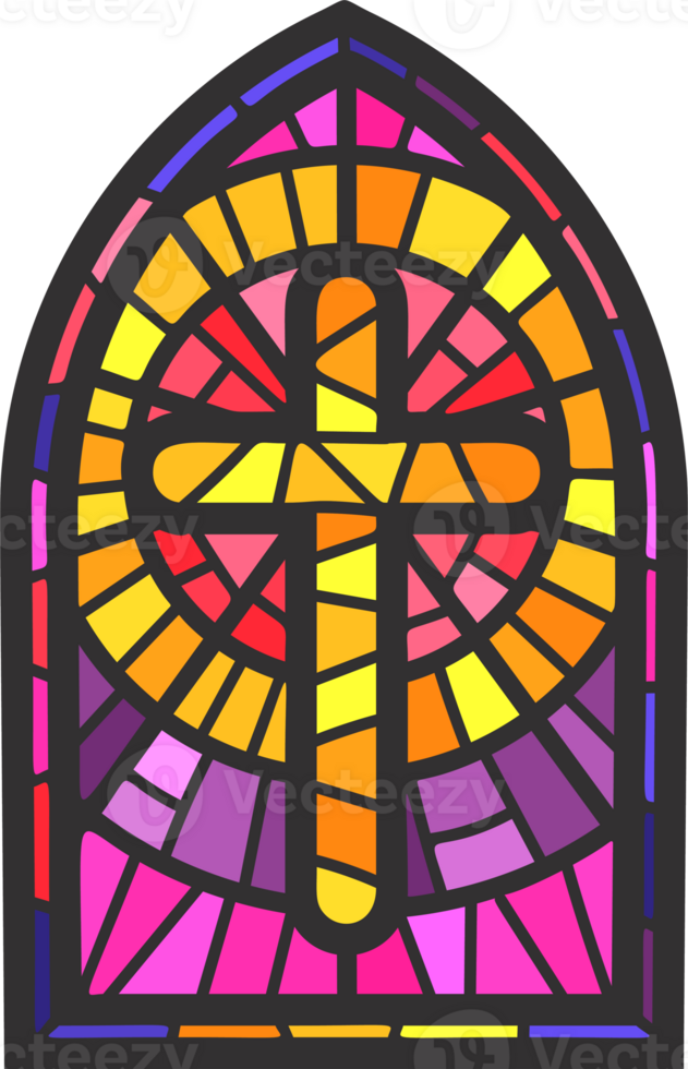 Church glass window. Stained mosaic catholic frame with religious symbol cross png