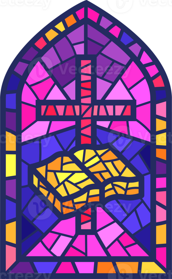 Church glass window. Stained mosaic catholic frame with religious symbol cross and bible book. Color illustration png