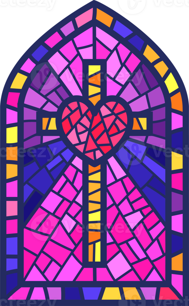 Kirche Glas Fenster. befleckt Mosaik katholisch Rahmen mit religiös Symbol Kreuz und Herz. Gliederung Illustration png