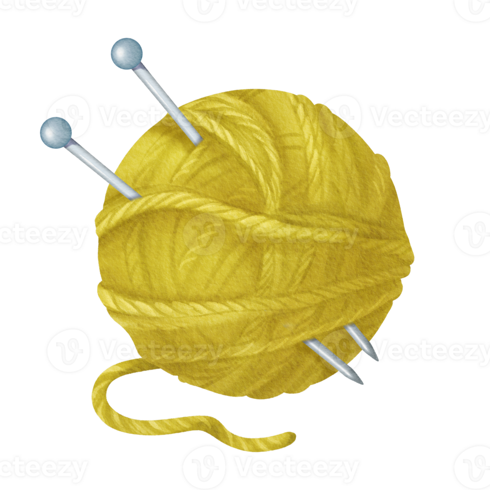 An isolated watercolor illustration featuring a green yarn spool. Embedded in the spool are steel knitting needles. wool and cotton. for crafting enthusiasts, knitting tutorials, DIY-themed designs png