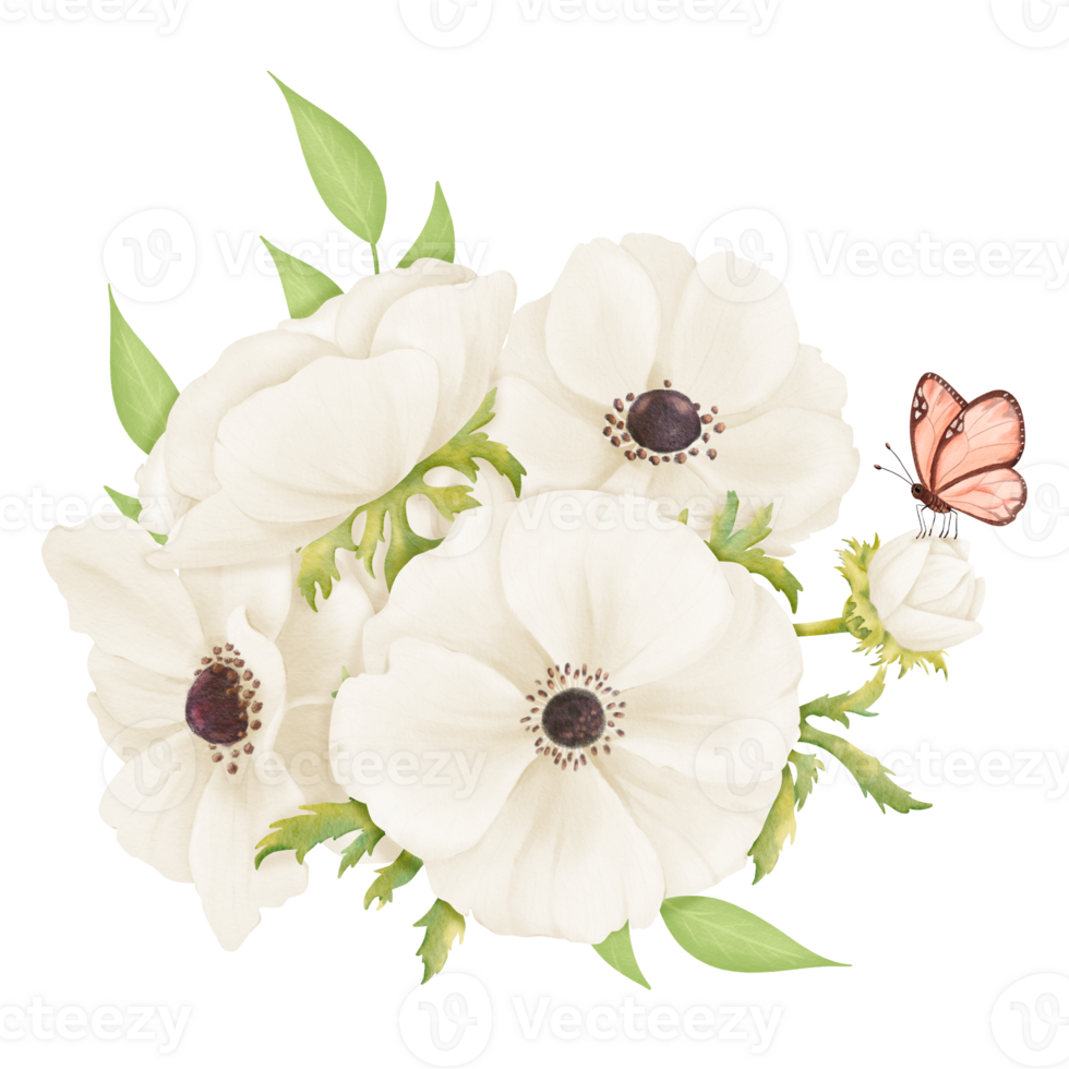 A watercolor floral composition of white anemones and fresh greenery, with a butterfly. for enhancing wedding stationery, event invitations, botanical prints, art projects and decorative crafts png