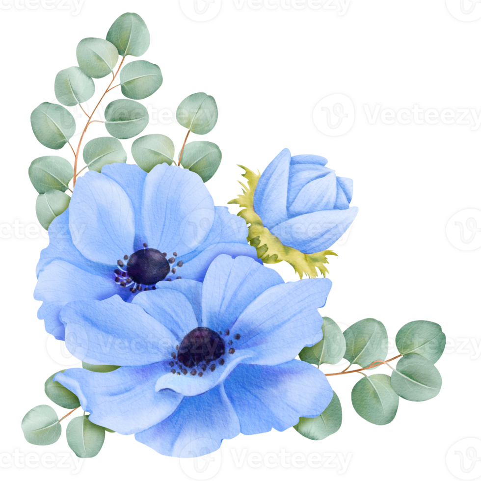 A floral arrangement consisting of blue anemones and eucalyptus leaves for enhancing wedding stationery, event decor, botanical-themed designs, digital creations, artistic projects and decorative png