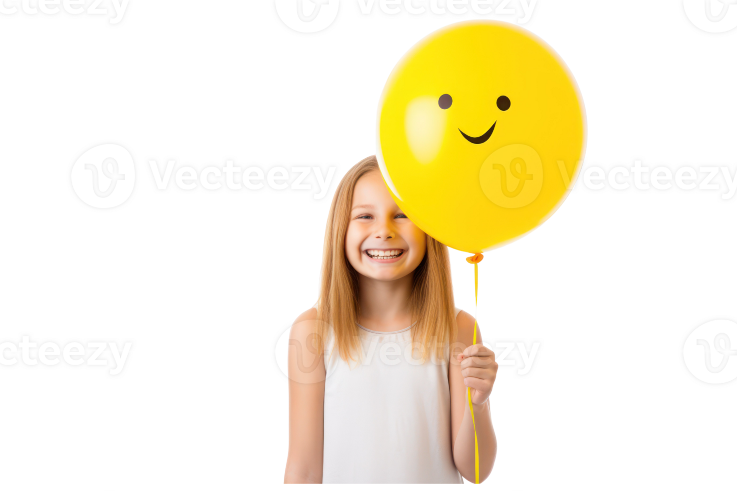 AI generated beautiful girl holding yellow balloon on an isolated transparent background png