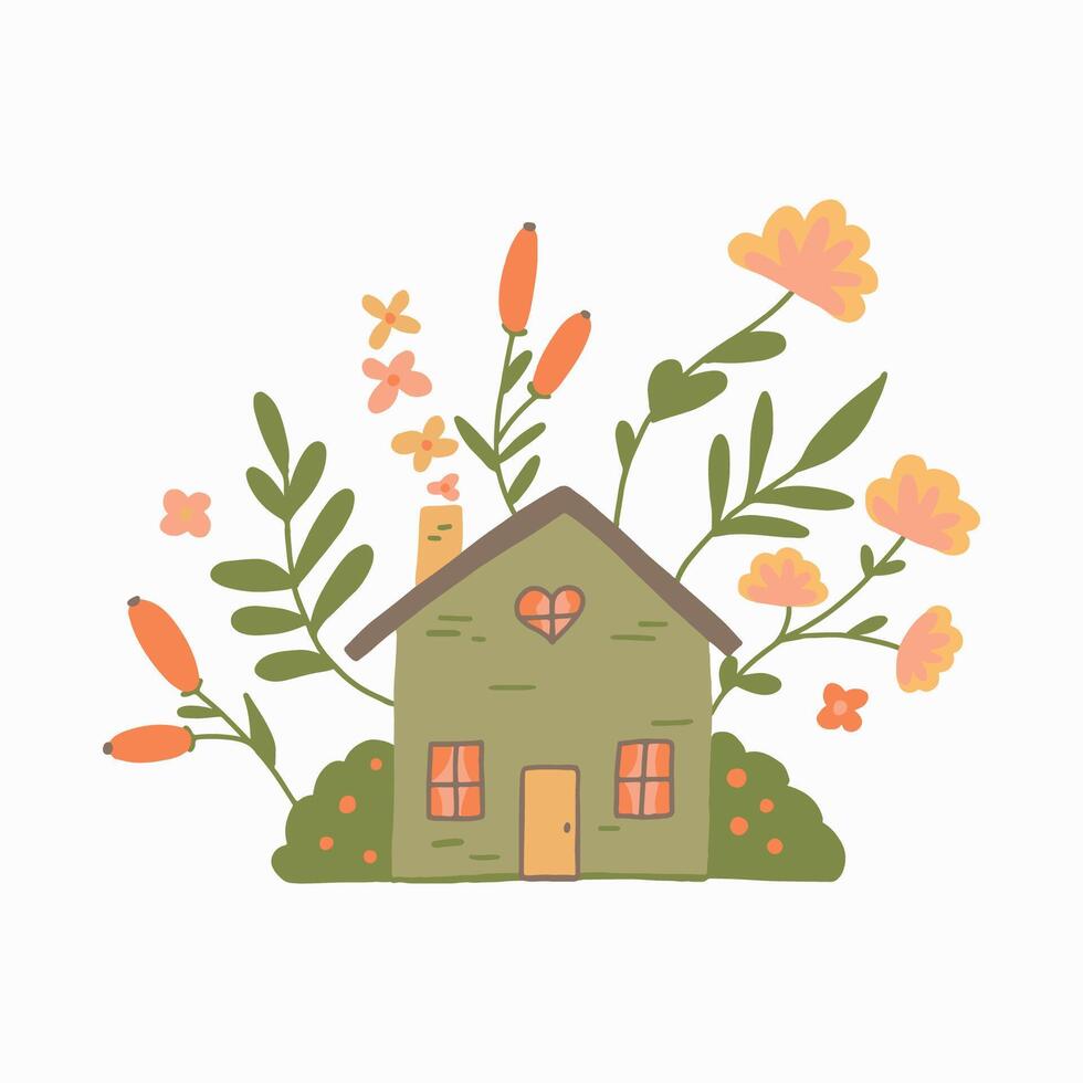 Cozy Cottage Surrounded by Blossoming Flowers and Lush Greenery vector