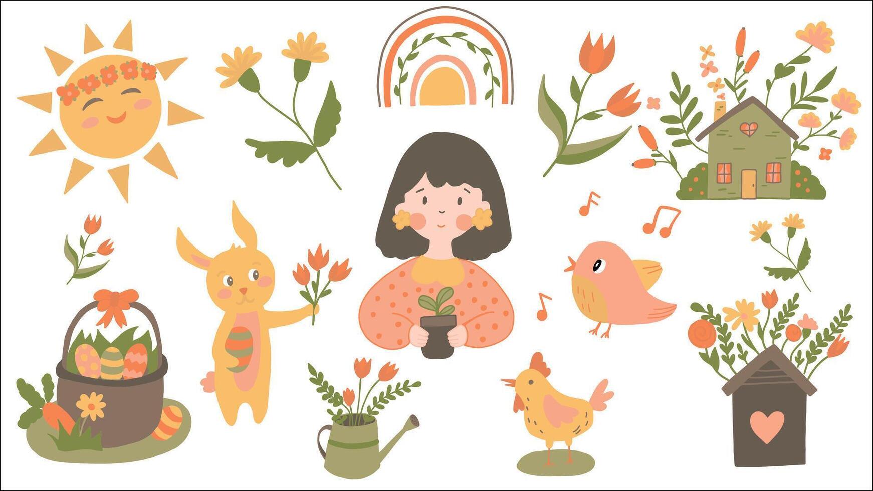 Easter set in hand drawn style. Vector. Hello spring collection. Pastel and modern trendy vibrant. Clipart. Modern doodle vector