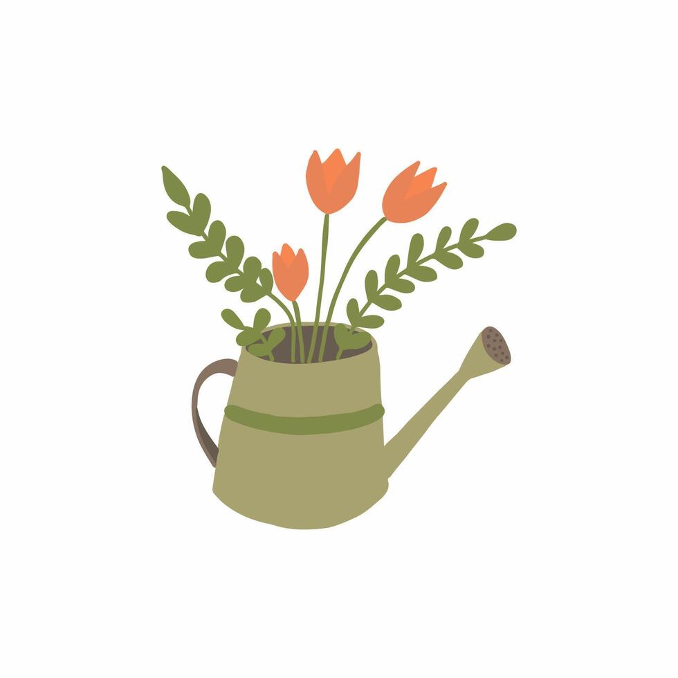 Spring-Inspired Illustration of Orange Tulips in a Green Watering Can vector