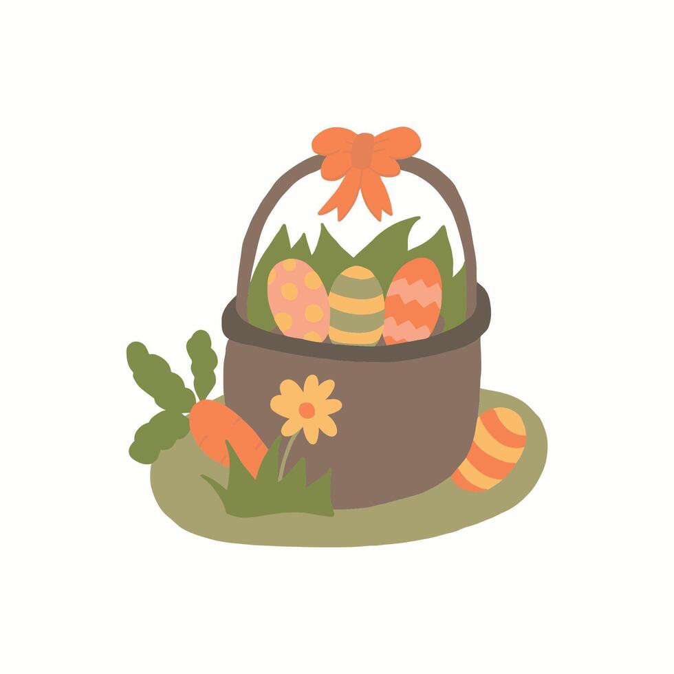 Basket full of painted Easter eggs isolated on white background. Trendy Easter design. Easter egg hunt concept. Flat vector illustration for poster, icon, card, logo, label. sstkEaster