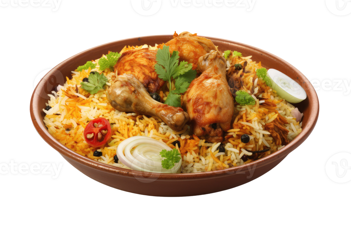 AI generated chicken biryani on isolated transparent background png