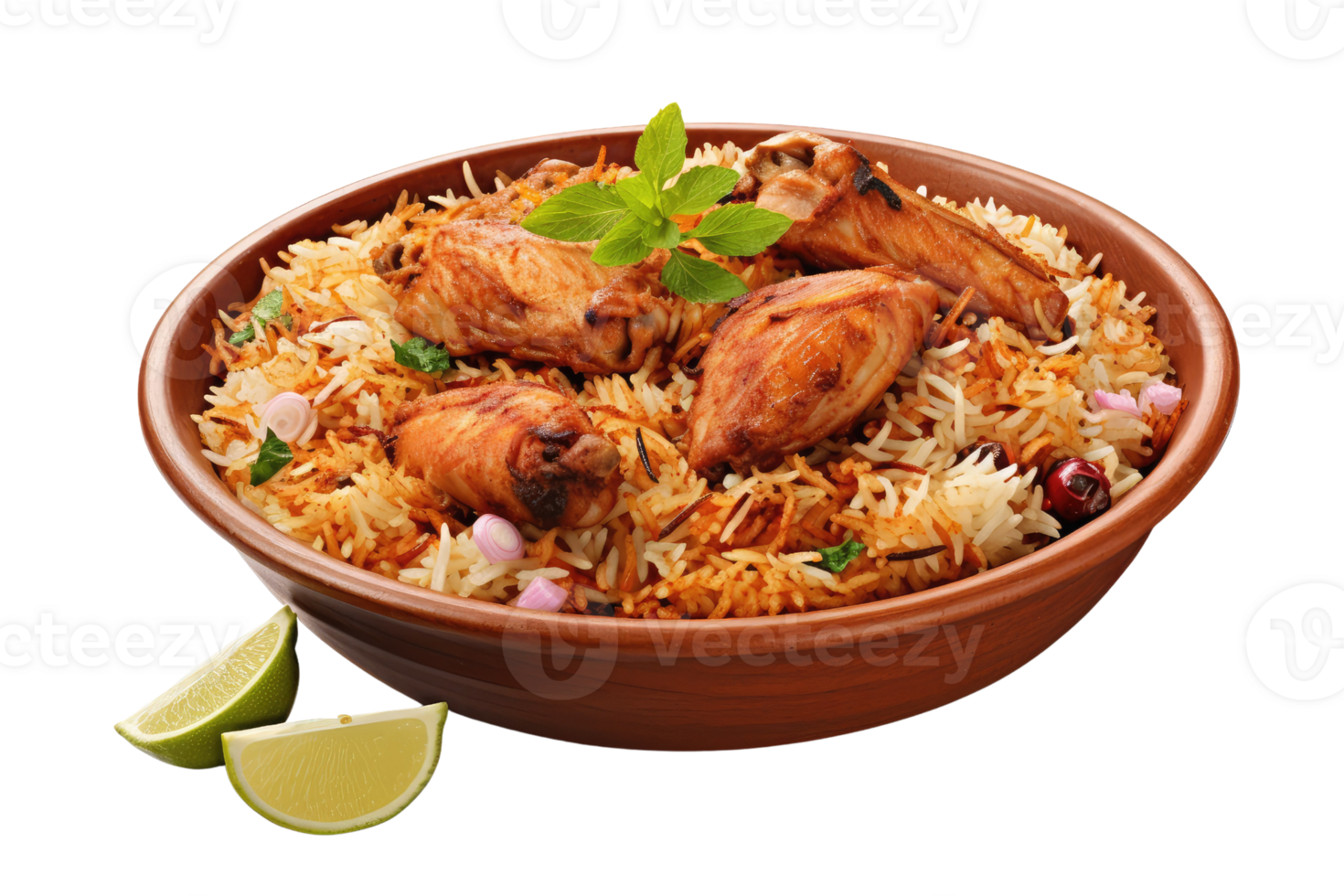 AI generated chicken biryani on isolated transparent background png