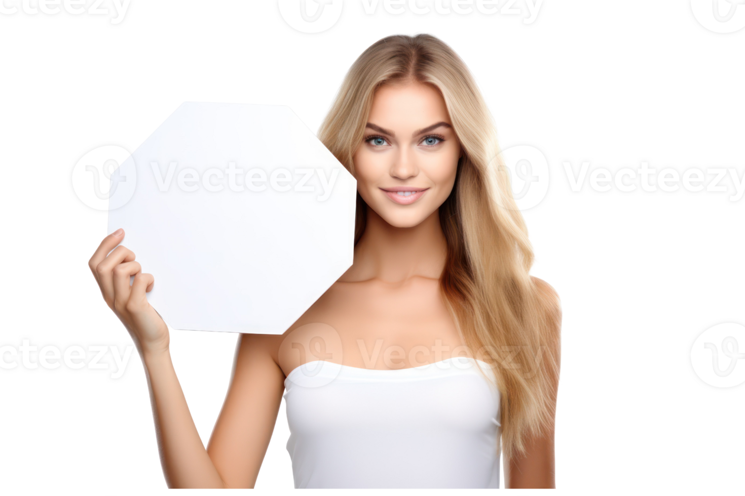 AI generated beautiful girl holding blank white billboard for mockup on an isolated transparent background png
