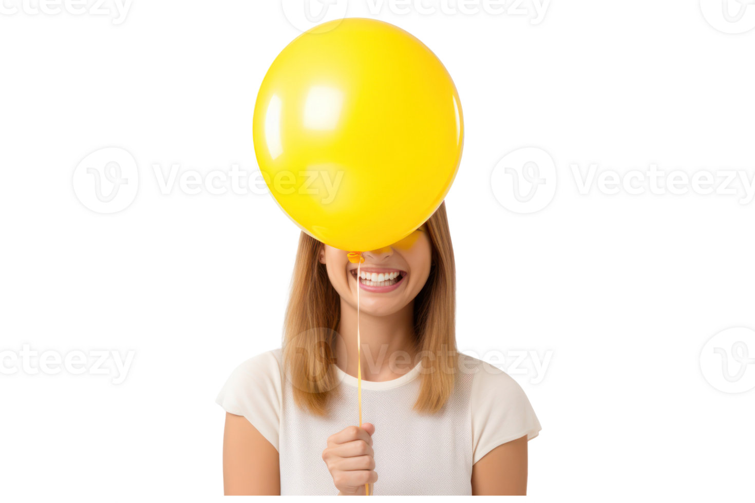 ai généré magnifique fille en portant Jaune ballon sur un isolé transparent Contexte png